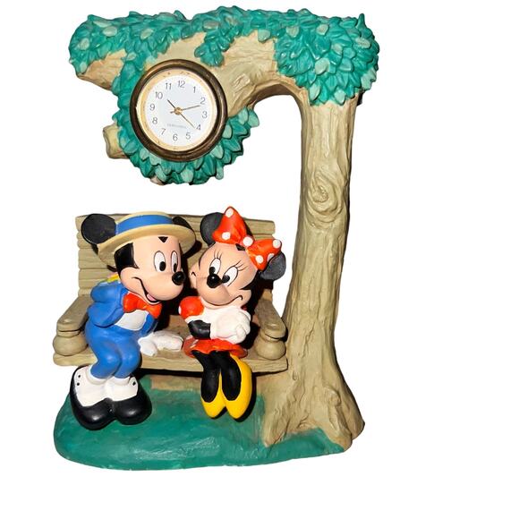 VINTAGE DISNEY -MICKEY AND MINNIE MOUSE - SITTING ON BENCH UNDER TREE WITH CLOCK - Picture 1 of 5